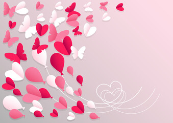 Background in paper cut style with butterflies, hearts and balloons in red and white colors for Valentine's Day or family celebration