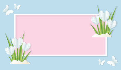 Greeting card template with snowdrops and butterflies in paper cut style with frame on pink blue background