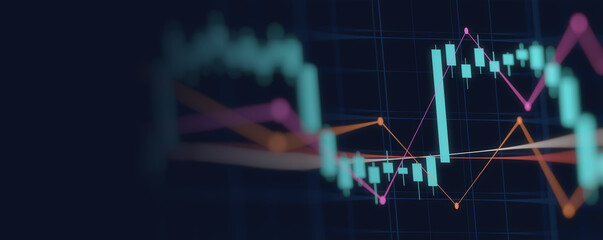 Financial graph with up trend line candlestick chart in stock market on neon color Widescreen...