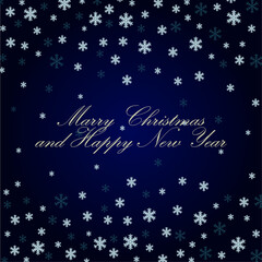 The inscription "Merry Christmas and Happy New Year" on a dark blue background, snowflakes. Design of postcards, advertising