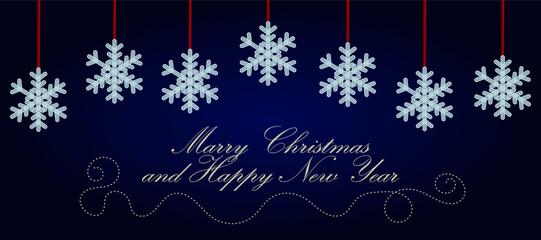 The inscription "Merry Christmas and Happy New Year" on a dark blue background, large snowflakes. Design of postcards, advertising
