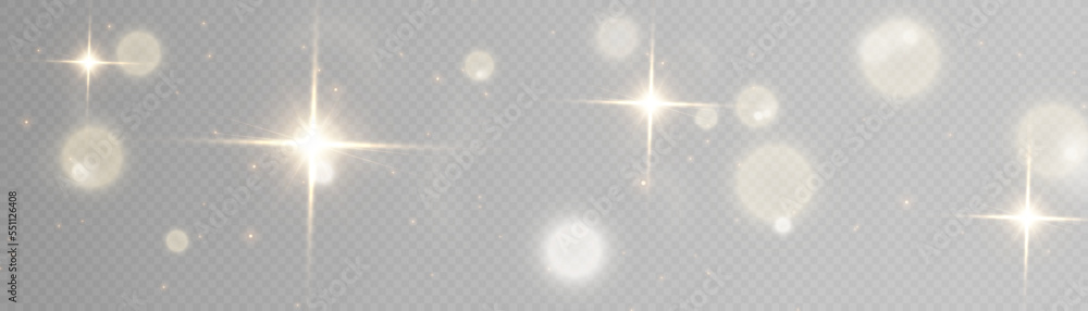 Poster the dust sparks and golden stars shine with special light. vector sparkles on a transparent backgrou