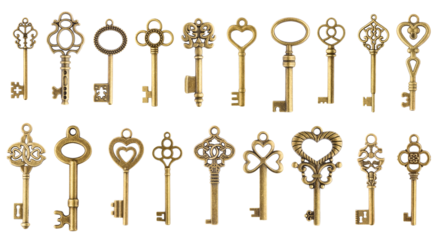 Set of vintage golden skeleton keys isolated