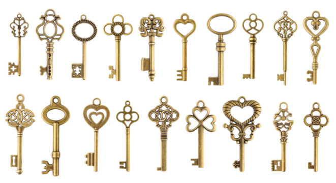 Set of vintage golden skeleton keys isolated