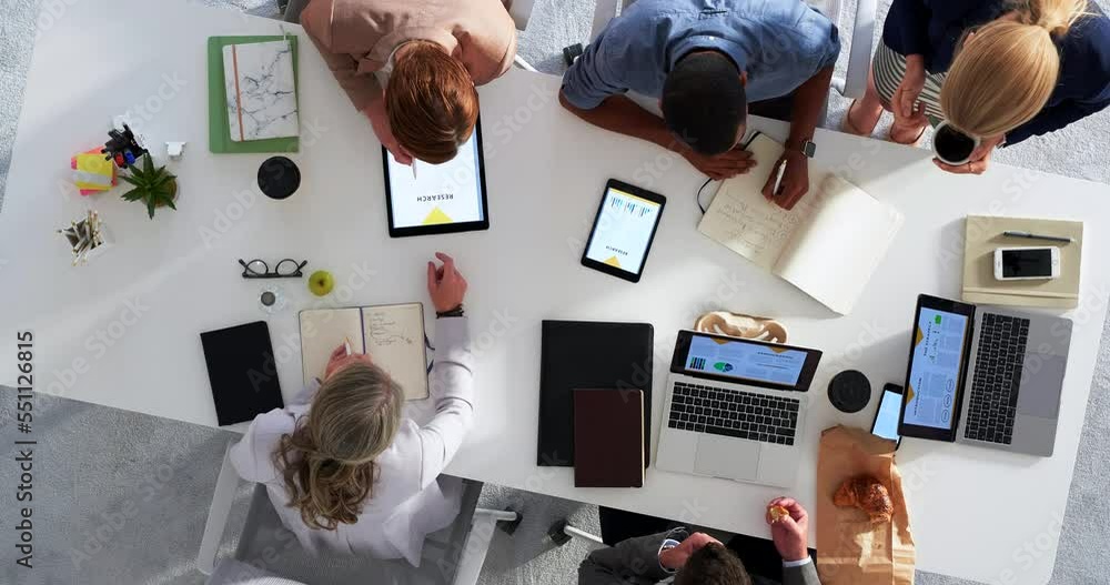 Aufkleber technology, planning and business people in a meeting at the office in collaboration for company str