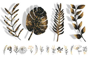 Big hand drawn colorful gold plant set - universally usable. Botanical, chic and trendy plants. Hand drawn lines, elegant leaves for your own design. Flower branch and minimalistic modern plants.
