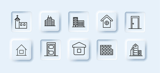 Construction site icons set. House, high-rise building, wall, work, business, stone, doors, apartment, glass, window. Building concept. Neomorphism style. Vector line icon for business
