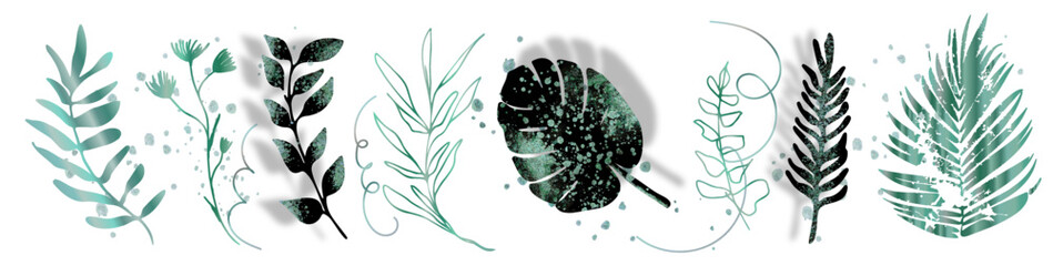 Big hand drawn colorful plant set - universally usable. Botanical, chic and trendy plants. Hand drawn lines, elegant leaves for your own design. Flower branch and minimalistic modern plants.