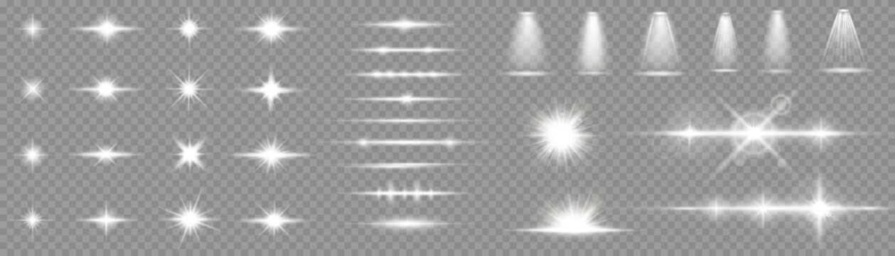 Set of light effects spotlight glowing light isolated on transparent background. light lines. Solar flare with rays and glare. Glow effect. Starburst with shimmering sparkles.