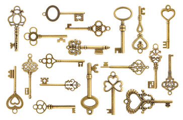 Set of vintage golden skeleton keys isolated