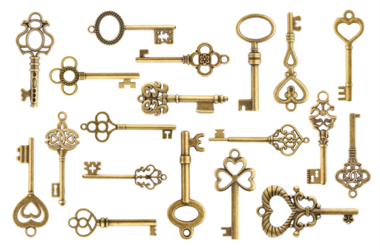 Set of vintage golden skeleton keys isolated