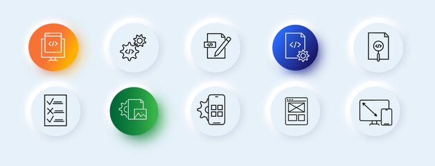 Set of business icons. Productivity, six, plan, survey, smartphone, document, file, network, search. Business concept. Neomorphism style. Vector line icon for business