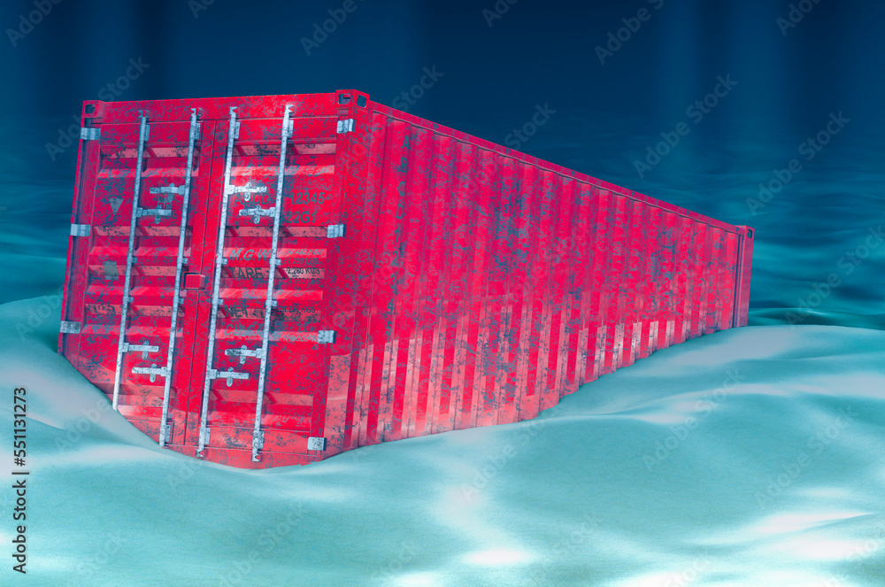 Poster cargo container on ocean bottom underwater, 3d rendering
