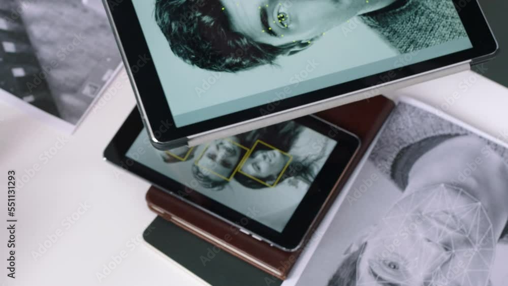 Aufkleber Technology, graphic designer and tablet for facial recognition design with ux UI screen while drawing, creative and working on ai app for man id cybersecurity with futire biometrics verification