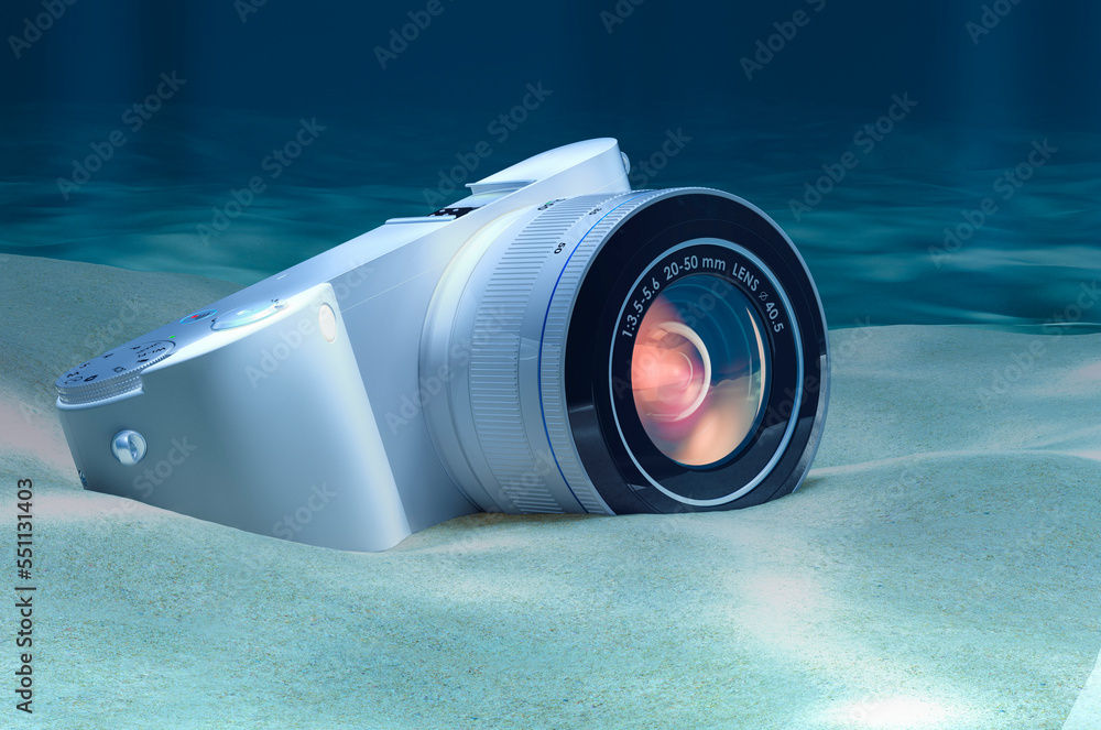 Poster digital camera on ocean bottom underwater, 3d rendering