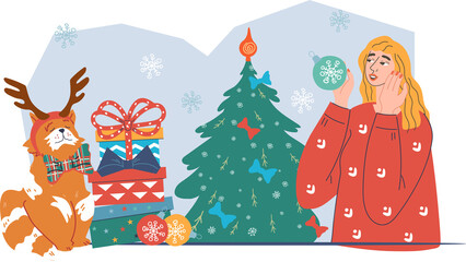 Woman decorating the Christmas tree and getting presents. Christmas festive chores scene for cards and banners design.