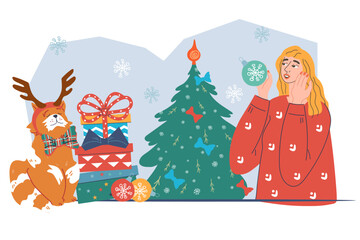 Woman decorating the Christmas tree and getting presents, flat vector illustration isolated on white background. Christmas festive chores scene for cards and banners design.