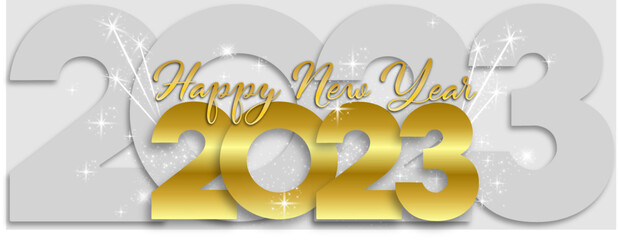 Happy New Year 2023 handwritten lettering tipography design sparkle firework gold and white 2023 gradient black background