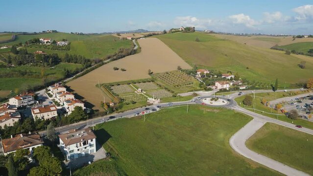 aerial view 4k 24 fps of the village of montecchio in the province of pesaro urbino marche region italy
