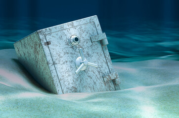 Safe box on ocean bottom underwater. 3D rendering
