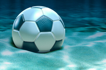 Fototapeta na wymiar Soccer ball on ocean bottom underwater, 3D rendering