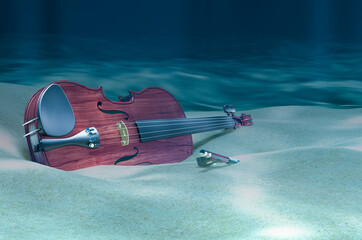 Violin and bow on ocean bottom underwater, 3D rendering © alexlmx