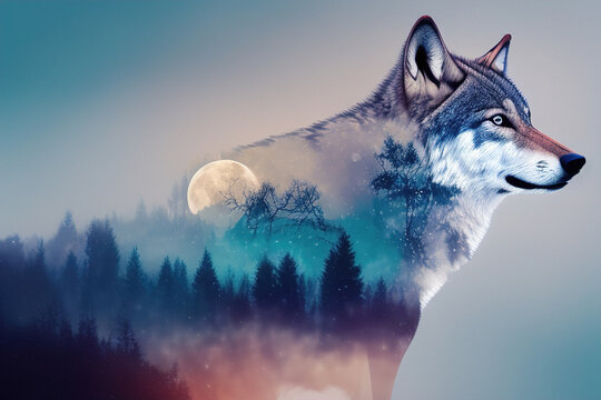 portrait of a wolf in a cold forest, and a full moon, double exposure