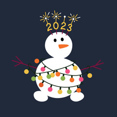 Illustration of a cute cartoon snowman with a garland and sparklers. New year 2023.
