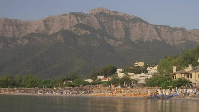 Postcard landscape of the Golden Beach at the foot of Ipsarion Mountain in Thassos Island, Greece