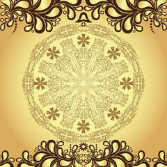Vintage gold frame with mandala and paisley, vector