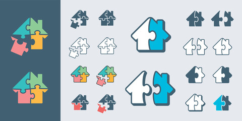 Vector icon logo concept of house shape two puzzle pieces connected. Colorful 3d illustration with black outlines.