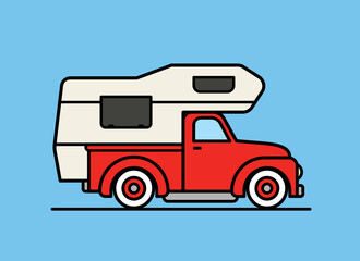Classic camper shell on red vintage pickup truck