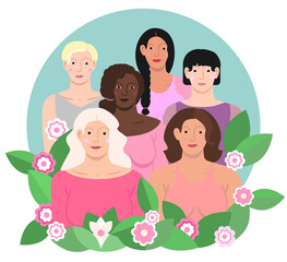 International Women's Day, women of different ages and nationalities come together, illustration of women surrounded by flowers, woman supporting woman, transparent background