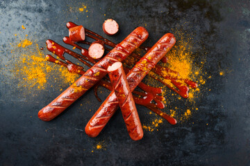 Traditionelle deutsche Bratwurst vom Grill serviert als Draufsicht auf einem rustikalen Board mit...