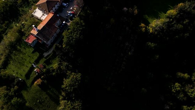 aerial view 4k 24 fps of the village of Montecchio in the province of Pesaro Urbino Marche region Italy