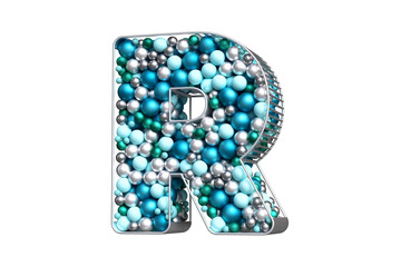 3D Christmas font of blue, silver and teal balls floating in a silvery letter R shape. High quality 3D rendering.