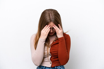 Young caucasian woman isolated on white background with tired and sick expression