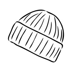 Doodle autumn knitted hat with pompoun, hand drawn warm clothes for winter cold weather, seasonal accesories.Sketch,freehand minimalistic design, child drawing.Isolated.Vector illustration