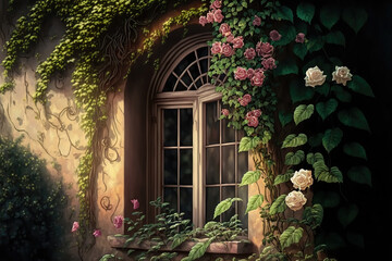 Fototapeta na wymiar AI generated image of a beautiful picture window in an abandoned house overgrown with flowering plants, and with a view of the garden outside