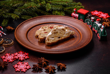 Tasty christmas stollen with marzipans, dried fruits and nuts