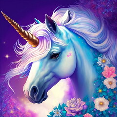 Naklejka na ściany i meble Fantasy unicorn in flowers illustration