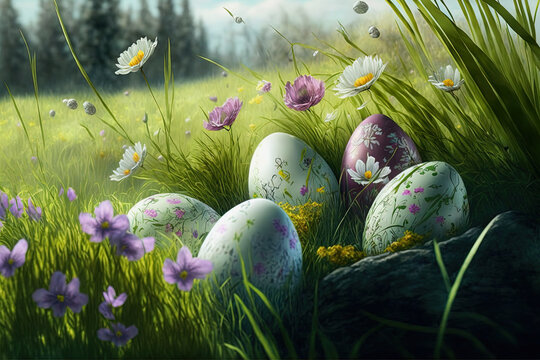 illustration of decorated easter eggs on a green meadow