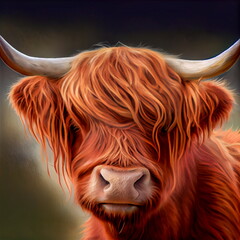 Beautiful Scottish highland cattle portrait. AI generated photorealistic illustration. Not based on original images, characters or people