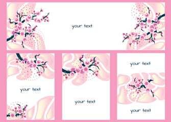 Set of vector background and frame template with sakura branch and place for text in simple modern style. Hand drawn wedding invitation or greeting cards, social media wallpaper.
