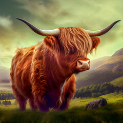Beautiful Scottish highland cattle portrait. AI generated photorealistic illustration. Not based on original images, characters or people