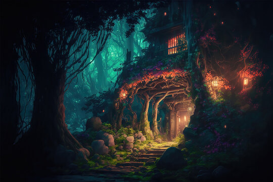 AI generated image of a fantastical illuminated grotto in a mystical forest 