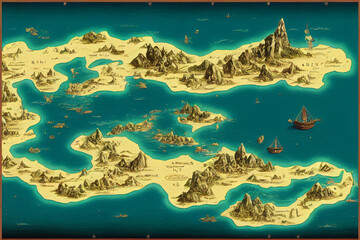 Fantasy vintage map:  island with large bay, mountains and dangerous shoal made with generative AI