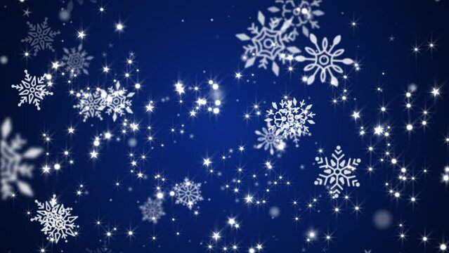 Beautiful winter snowflakes, shining stars and snow particles on a festive dark blue background. This Winter snow, Christmas motion background animation is full HD and a seamless loop.