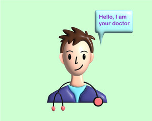 Hello, I am your doctor, Medical doctor, Family doctor, Young doctor, treatment protocol, doctor, pediatrician, stethoscope, (image in 3D style)