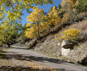 The road  to Navache village in autumn, along Claree valley, near Briancon, Hautes-Alpes...